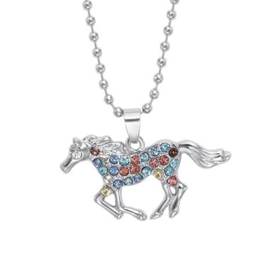 Imagem de Dtja Colar com pingente de cavalo de cristal para mulheres, banhado a prata, colorido, strass, pônei, pingente, animal, corrente de bola, ajustável, moderno, Natal, Ano Novo, joia de 45,7 cm, Medium
