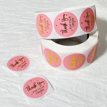 Imagem de (500 peças por rolo) 25 mm PinkGold Foil Obrigado pelo seu pedido adesivos redondos, etiquetas decorativas de vedação de envelope autoadesivo