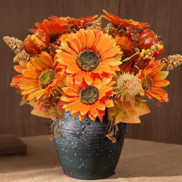 Imagem de ASTRYAS 2 peças de flores artificiais de outono, girassóis falsos, abóbora, arranjos de flores, decoração para casa, casamento, buquês, mesa de cozinha, vaso de mesa, centro de mesa, decoração de