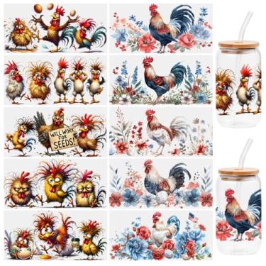 Imagem de 10 folhas de adesivos de transferência DTF UV de galinha, para copo de vidro Libbey, decalques à prova d'água, etiqueta adesiva de plástico para decoração de garrafas e copos