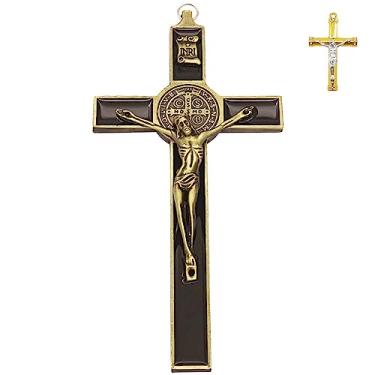 Imagem de rnuie Decoração de parede de metal com cruz crucifixo de Jesus, pingente de cruz de São Bento, decoração de parede religiosa para casa, igreja, ornamentos católicos - 19 cm (preto)