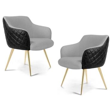 Imagem de Kit 2 Poltronas Decorativas Pés Palito Metalizado Jade Corano C-05 Linho D-315 Cinza Claro - Domi