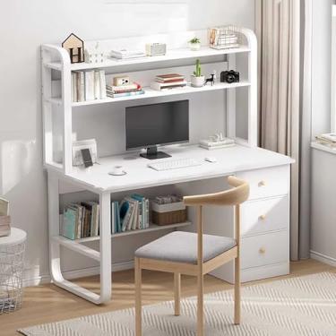Imagem de Yadlan Kids Desk and Chair Set 10-12 Year Old Wooden, Children Table and Chair Set with Storage, Kids Study Desk with Bookshelf Hutch and Extra Storage Small Student Desk for Home White 120cm
