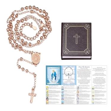 Imagem de FaithHeart Rosário católico para mulheres, colar em Y de aço inoxidável virgem maria para mulheres, presentes católicos com cartão de oração do terço e caixa de presente, Aço inoxidável, Sem Pedra