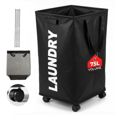 Imagem de Cesto de lavanderia 75L fino com rodinhas com saco de lavagem removível, cesto de roupa alta com hastes de suporte, cesto de roupas dobrável com alças para quarto, banheiro, dormitório e lavanderia