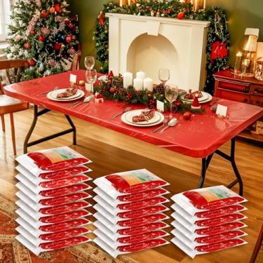 Imagem de Boao 24 peças de toalhas de mesa de plástico de verão retangulares toalhas de mesa de piquenique elásticas, descartáveis à prova d'água para acampamento, ambientes internos e externos (vermelho, 2,8 m