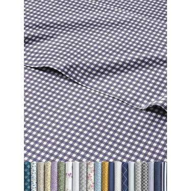 Imagem de Jogo de lençol xadrez azul - 1 lençol de cima e 1 lençol com elástico e 2 fronhas com bolsos profundos - jogo de cama quadriculado, xadrez, padrão guingão - confortável, resistente a rugas e