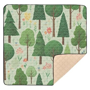 Imagem de Qilmy Tapete de brincar para bebês com estampa de árvores florestais 127 x 127 cm, macio à prova d'água, tapete para bebês e crianças, antiderrapante, lavável, cercadinho