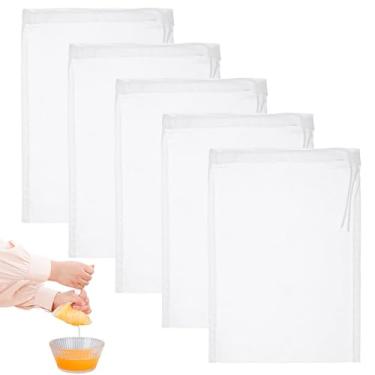 Imagem de AIZOE Saco de leite de nozes reutilizável, pacote com 5, 15 x 20 cm, saco de gaze de nylon de malha fina com cordão para coar leite de amêndoa/aveia/soja, queijo, chá, suco, iogurte, café frio, vinho