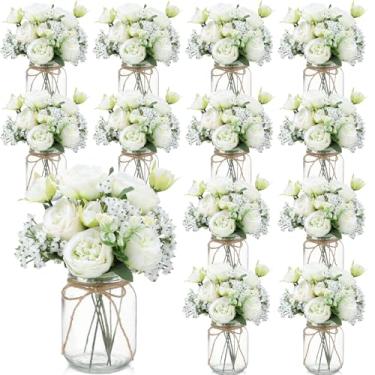 Imagem de Zeyune 12 conjuntos de decorações de mesa de centro de pedreiro, buquês de flores artificiais de peônia para bebê, flores falsas com vaso, presentes de decoração rústica para casa, casamento, feriado