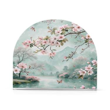 Imagem de Qilmy Porta-guardanapos acrílico Cherry Blossoms, suporte de lenços de mesa independente, dispensador de papel de coquetel para cozinha, jantar, restaurante, bar, decoração, 1 pacote