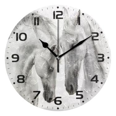 Imagem de JUZIHAI Lindo relógio de parede de cavalo branco, silencioso, sem tique-taque, relógios de parede redondos operados por bateria, fácil de ler, relógio decorativo de parede para casa, cozinha, sala de