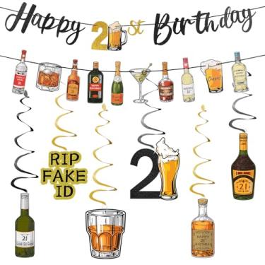 Imagem de Hahafelt Decorações de aniversário de 21 anos, champanhe, garrafa de vinho, faixa de martini, espirais, glitter, feliz aniversário de 21 anos, decoração de festa feliz aniversário de 21 anos para