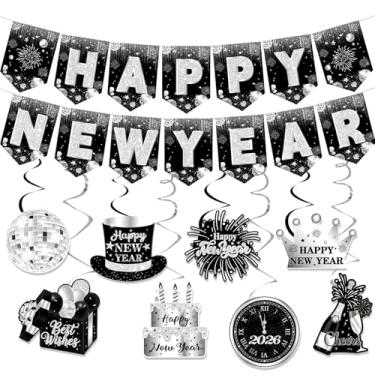 Imagem de Decorações de festa feliz ano novo 2026 - faixa preta e prata feliz ano novo redemoinhos pendurados disco decorações de ano novo 2026 suprimentos de festa de véspera de ano novo