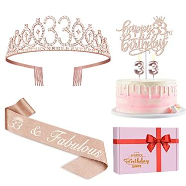 Imagem de 33 decorações de aniversário para mulheres, incluindo faixa de aniversário de 33 para mulheres, tiara/coroa, número 33 velas e topo de bolo, ouro rosa 33 para mulheres decorações de aniversário suprimentos de lembrancinha