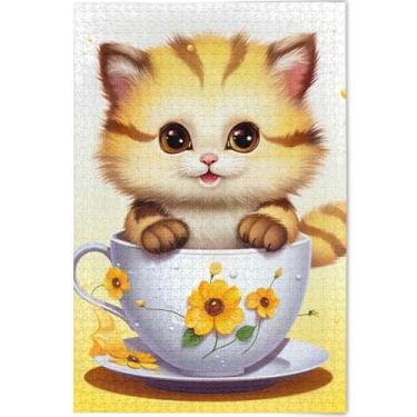Imagem de Quebra-cabeça de gato com copo de gatinho fofo para adultos, 1000 peças, presentes divertidos de elefantes brancos, quebra-cabeça colorido, arte de arte, estampa animal, 75 x 50 cm