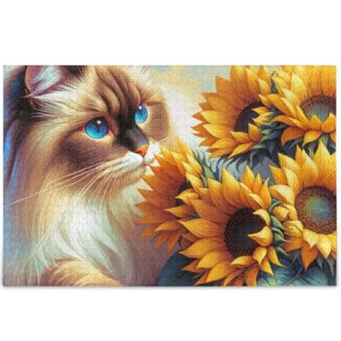Imagem de Ragdoll Quebra-cabeça gato girassol gatinho 500 peças para adultos quebra-cabeça brinquedo arte família divertido quebra-cabeça personalizado elefante branco, 52 cm x 37,8 cm