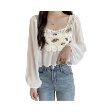 Imagem de Blusa Feminina De Manga Longa Em Crochê Com Bordado De Flor Em Chiffon