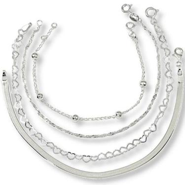 Imagem de Kit 4 Pulseira Extensor 20cm Prata 925 Coraçao Bola Laminada - Lojas L