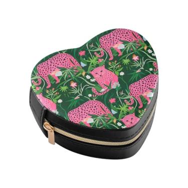 Imagem de Burbuja Caixa de joias em forma de coração de leopardo rosa mini estojo de joias de viagem para mulheres e meninas, estojo portátil organizador de armazenamento para brincos, anéis, colares e
