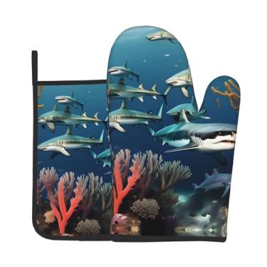 Imagem de Conjunto de luvas de forno com estampa Sharks Under The Sea de 2 peças, adequado para cozinhar, assar e grelhar ao ar livre
