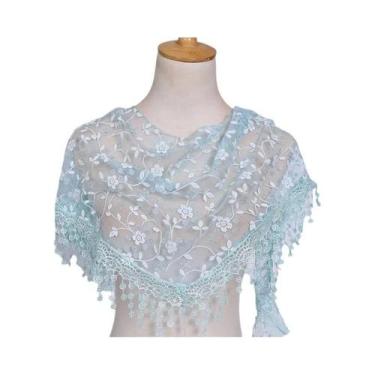 Imagem de Lenço Triangular Feminino 125x36cm Com Borlas, Bordado Floral Em Renda