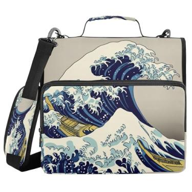 Imagem de SEHANY Fichário japonês Seawave com alça de ombro, capacidade para 500 folhas, vários bolsos, 3 cm, 3 anéis Trapper Keeper