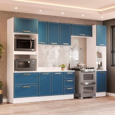 Imagem de Cozinha Modulada 5 Peças com Tampo e Rodapé Amara Politorno - Branco com Azul