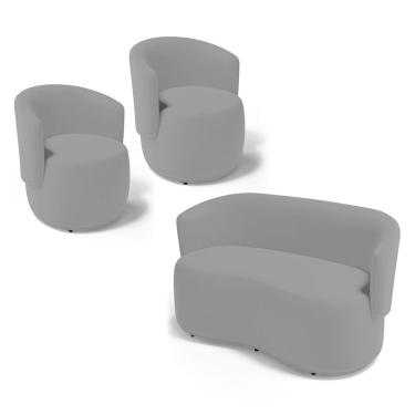 Imagem de Kit 2 Poltronas e 1 Namoradeira Aisha Orgânica Veludo Cinza Claro - Abmaza