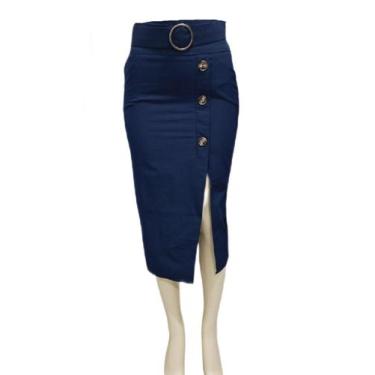 Imagem de Saia Feminina Midi Reta Fenda ALFAIATARIA - FIA MODAS, Azul marinho, P