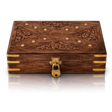 Imagem de Ótimas ideias de presente de aniversário, caixa de joias de madeira decorativa feita à mão com cadeado e chave gratuitos, organizador de joias, caixa de lembrança, baú do tesouro, porta-bugigangas