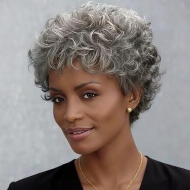 Imagem de XIUFAXIRUSI XIUFAXIRUSI Peruca feminina encaracolada curta cinza sintética prata cinza corte Pixie peruca com franja natural desgrenhada cacheada peruca de cabelo inteiro