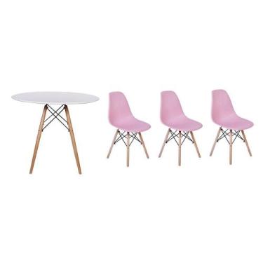 Imagem de Kit Mesa Jantar Eiffel 100cm Branca + 03 Cadeiras Charles Eames - Rosa