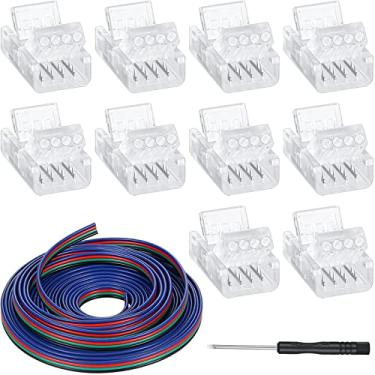 Imagem de 10 pacotes de conectores de fita de LED sem solda, conectores transparentes de iluminação de pista, conector de LED de 4 pinos para tiras de luzes LED RGB de 10 mm à prova d'água com cabo de extensão de condutor com chave de fenda