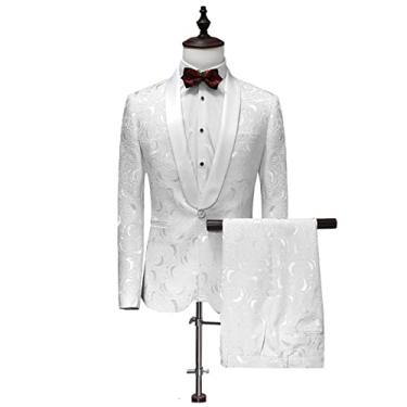 Imagem de Jaqueta Blazer Masculina, 2 Peças Um Botão Jaqueta de Negócios + Calças Trabalho Escritório Slim Fit Ternos Jaqueta, Branco, P (Busto: 106 cm)