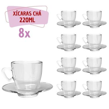 Imagem de Kit 8 Xícaras Chá Vidro 220mL C/ Pires Moderna Transparente