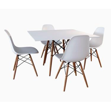 Imagem de Conjunto De Mesa De Jantar Quadrada 90Cm Tampo De Madeira Branco Com 4 Cadeiras Brancas