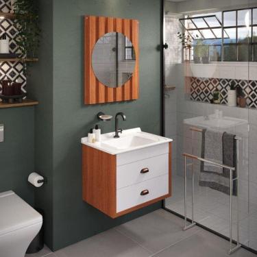 Imagem de Conjunto para Banheiro Gabinete Suspenso 65cm 2 Gavetas com Lavatório e Espelheira Ripada Cairo Cinamomo