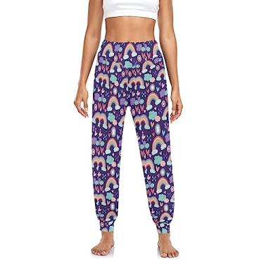 Imagem de KLL Calça jogger feminina roxa estilo boho arco-íris roupa esportiva cintura alta elástica yoga esporte streetwear, Estilo boho multicolorido roxo, GG