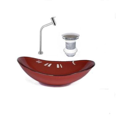 Imagem de Kit Cuba de Vidro + Torneira+ Válvula para Lavatório Oval 38cm Vermelho Cereja