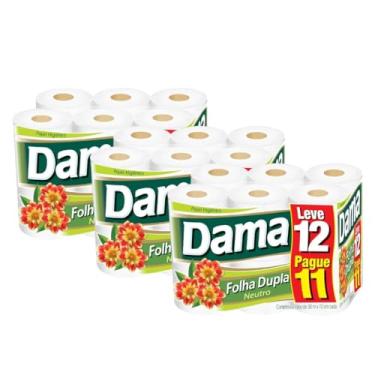 Imagem de Kit com 3 Pacotes Papel Higiênico Folha Dupla Neutro 30 Metros Dama com 12 Rolos