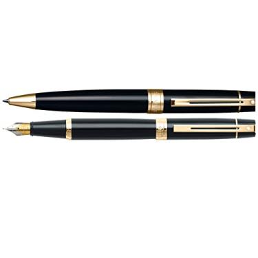 Imagem de Sheaffer Conjunto de caneta-tinteiro e caneta esferográfica 300 Duo Black Lacquer and Gold Appointments Limited com pontos brancos de excelência e banda larga de ponta média e caneta esferográfica.