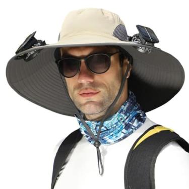 Imagem de Chapéu de sol masculino com 2 ventiladores solares, protetor solar com ventilador, proteção UV de verão, chapéu de caubói de aba larga FPS 50+ protetor solar, Caqui, Tamanho Único