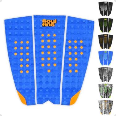 Imagem de Deck para Prancha de Surf Modelo Camo Steps II - Tração Máxima com Design Perfurado - Grip 3 Peças Leve e Cola Especial - Soul Fins (Azul/Laranja)