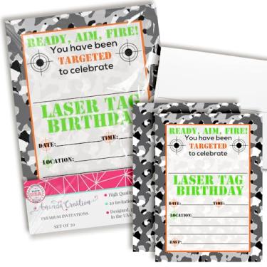 Imagem de Convites de festa de aniversário com etiqueta a laser camuflagem, 20 cartões de preenchimento de 12,7 cm x 17,78 cm com vinte envelopes brancos da AmandaCreation