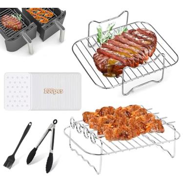 Imagem de Lebreary Acessórios de fritadeira de ar duplo ninja, 2 peças de rack de fritadeira a ar, rack de churrasco com 4 espetos, para fritadeiras Ninja Foodi DZ201 DZ401 e Ninja 8QT-10QT, 100 forros de papel
