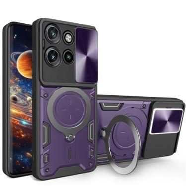 Imagem de Ysnzaq Capa protetora para Motorola Edge 50 Neo com suporte giratório, capa protetora à prova de choque de grau militar com capa de câmera deslizante para Moto Edge 50 Neo CQ roxa