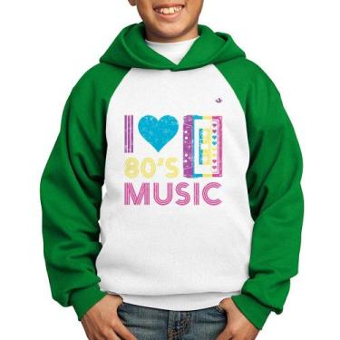 Imagem de Moletom Infantil I love 80's music - Foca na Moda, Branco, Verde, 12