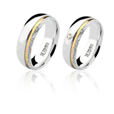 Imagem de Aliança de Prata 925 Com Filete de Ouro e Pedra AL98 - Natália Jóias, 