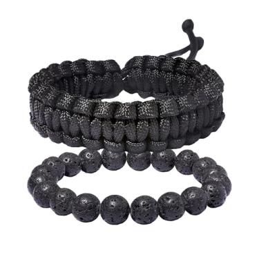 Imagem de Xfoxstal Conjunto de 2 pulseiras ajustáveis feitas à mão para sobrevivência com contas elásticas de pedra vulcânica para mulheres, homens, caminhadas, acampamento, unissex, 2 peças, Large, Pedra,